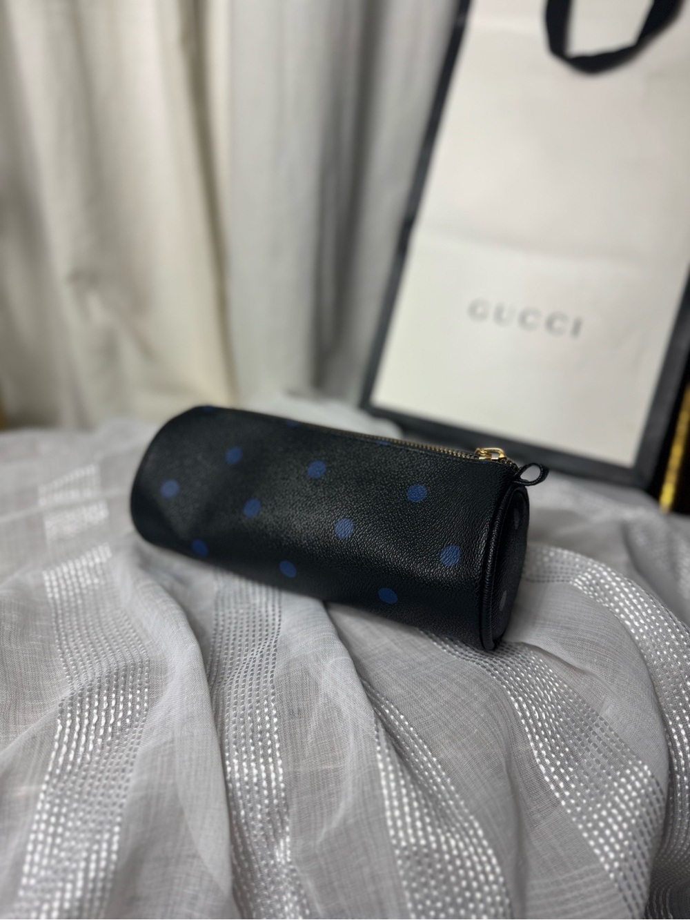 GUERLAIN Black Cosmetic Pouch with Blue Polka Dots